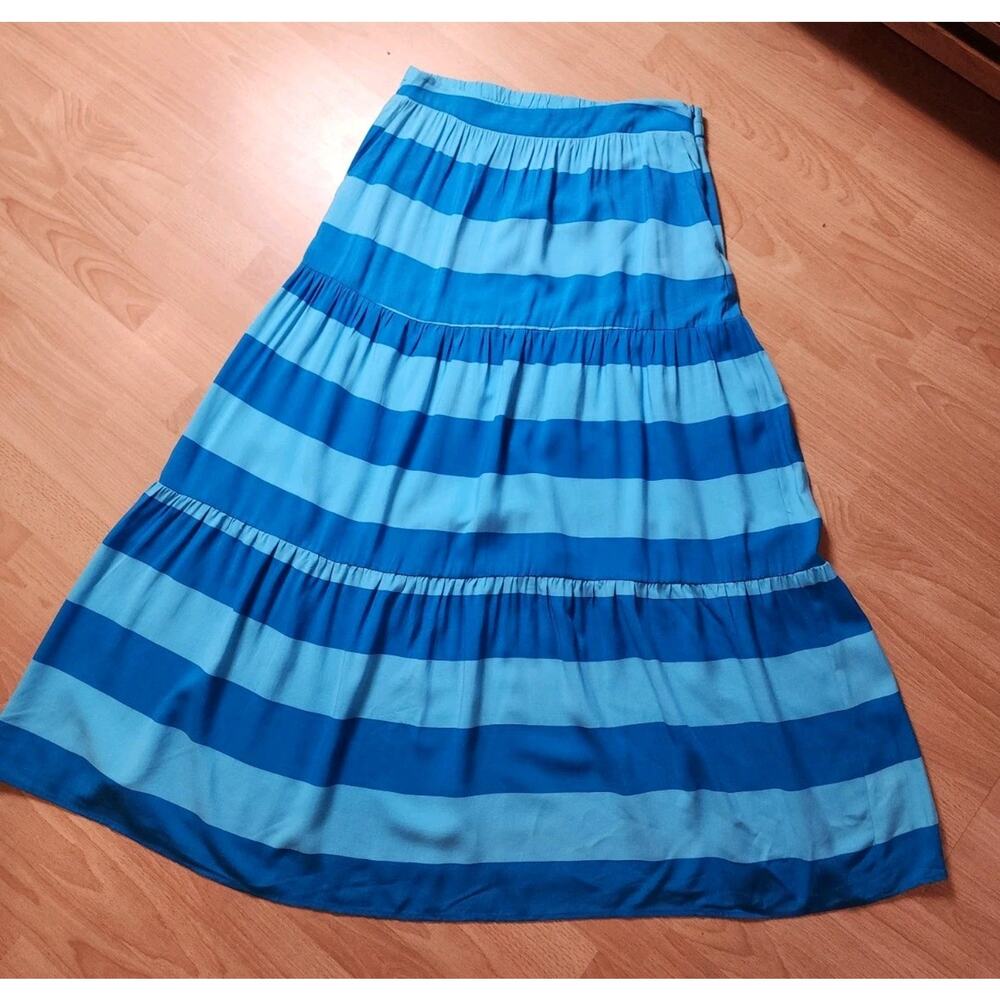 Gibsonlook Paradise Tiered Maxi Skirt Pockets Blue Stripe Rayon Flowy Size M
